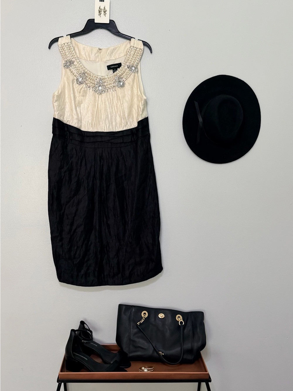 R & M Richards Cream and Black Beaded Cocktail Dress